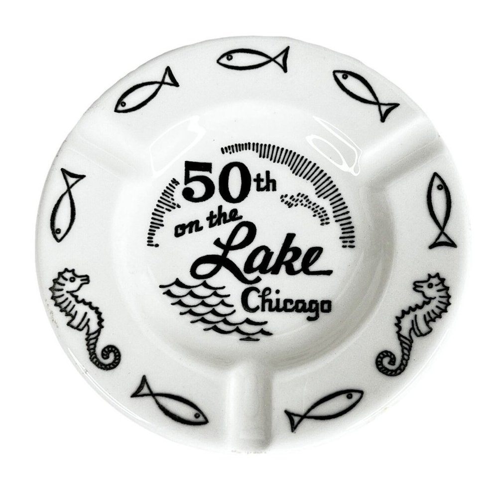 50th On The Lake Chicago Ashtray Royal China Black White Nautical Souvenir USA